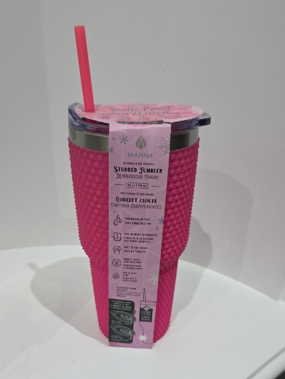 Manna Kadar Hot Pink Studded Tumbler with Lid & Straw